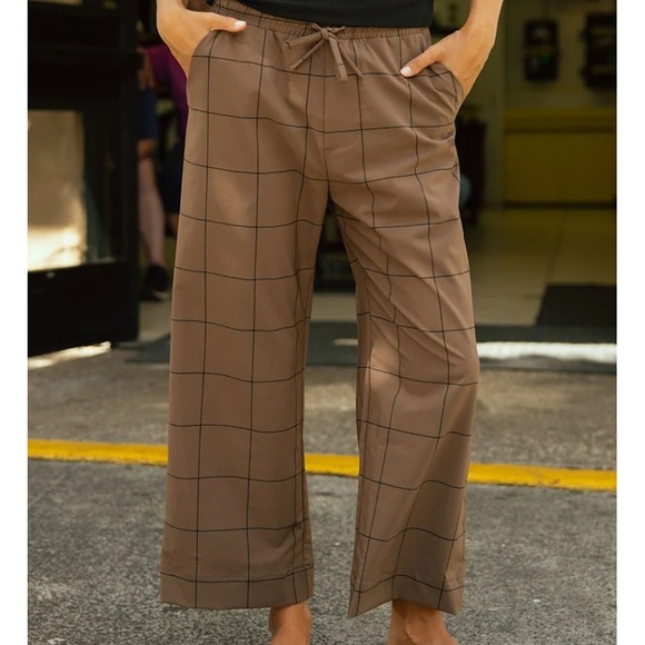 Albion Pants - Albion Jetset Crop Pants Size XXL Brown Windowpane Wide Leg Elastic Drawstring